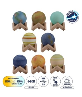 GloboStar® MOON 79609 Επιτραπέζιο Φωτιστικό Πορτατίφ LED 2W 120lm 360° DC 5V IP20 CCT Θερμό Λευκό 2700K - Φυσικό Λευκό 4500K - Ψυχρό Λευκό 6000K Dimmable Πολύχρωμο Πλαστικό με Μπεζ Ξύλο - Μ8 x Π8 x Υ11cm - ΣΕΤ 8 Τεμαχίων - 2 Xρόνια Εγγύηση